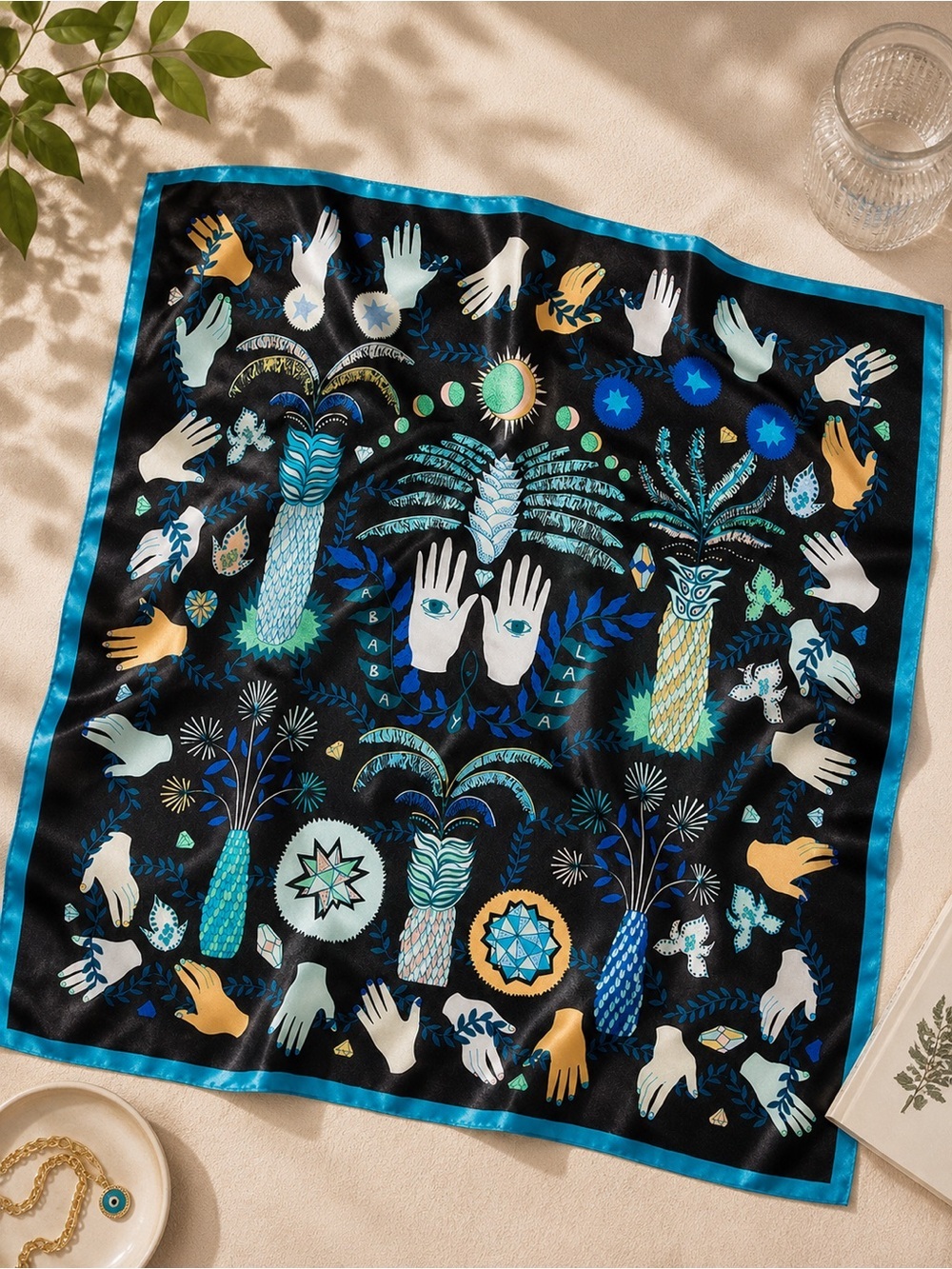 NEW Navy Blue Eclectic Boho Eye of Fatima Tarot Hands Printed Square Satin Scarf